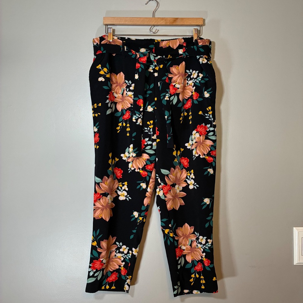Jules & Leopold Floral Ankle Pants Black XL Tie Waist Pockets CHU24785B